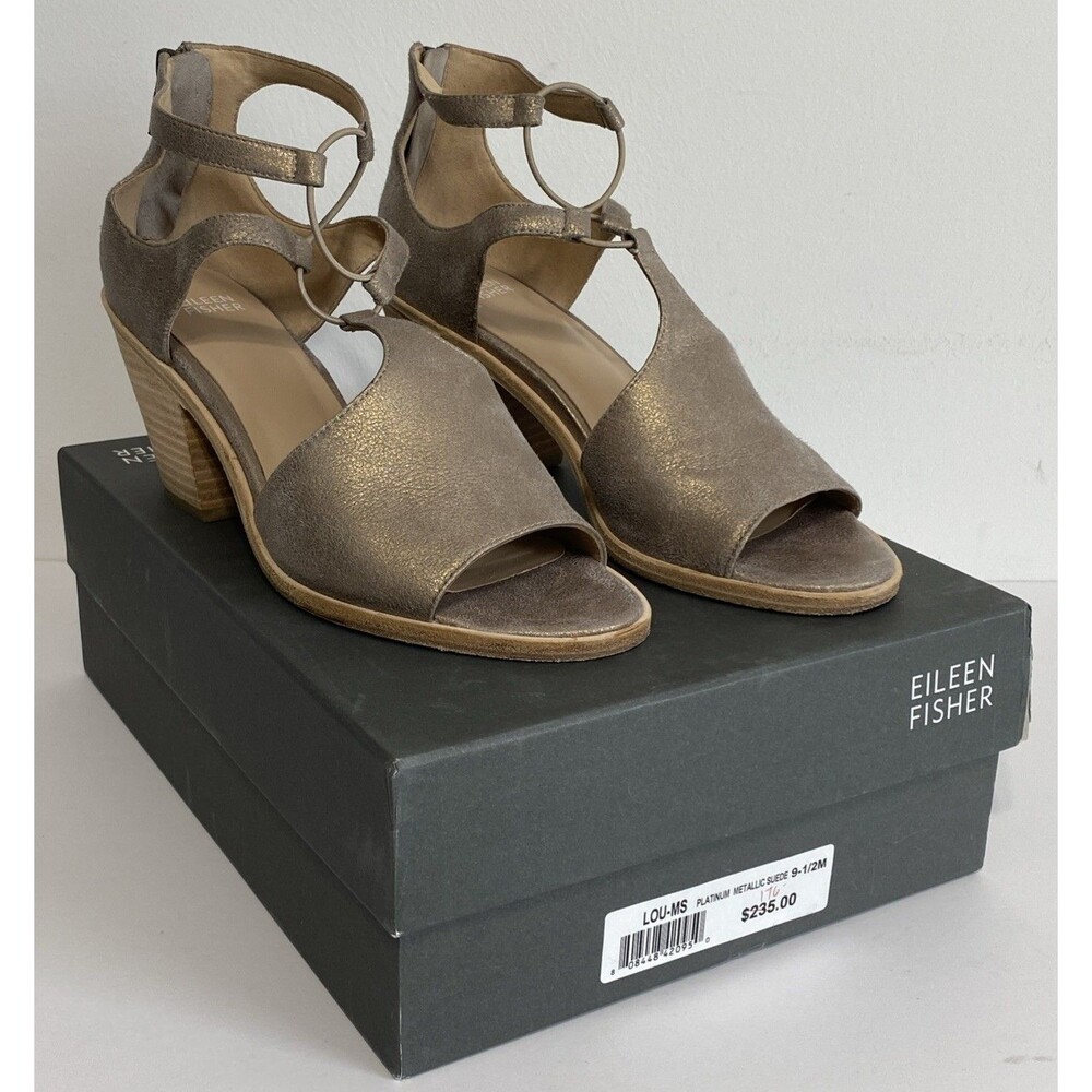 Eileen Fisher Sandals Womens US 9.5 Lou Platinum Metallic Suede Block Heel Coast - Picture 1 of 15
